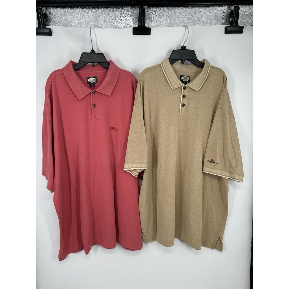 Lot Of Two Tommy Bahama Polo Shirts Shirt Short Sleeve Solid Beige Salmon 2XL